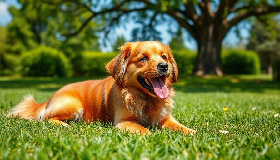 Dog on lawn under sun, illustrating summer hazards for pets.