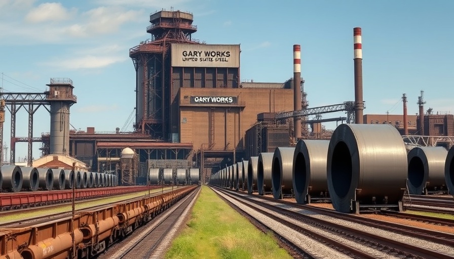 Industrial railway scene with steel coils at U.S. Steel plant.