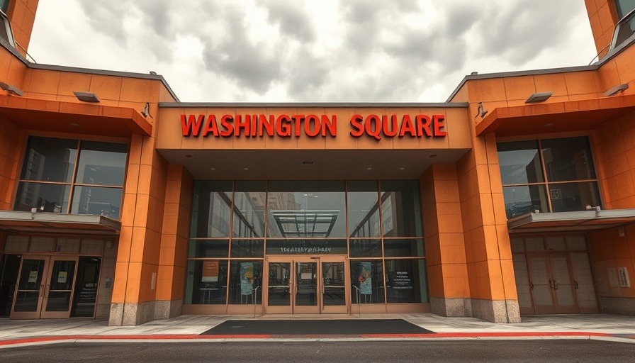Washington Square Mall entrance with faded colors and overcast sky.