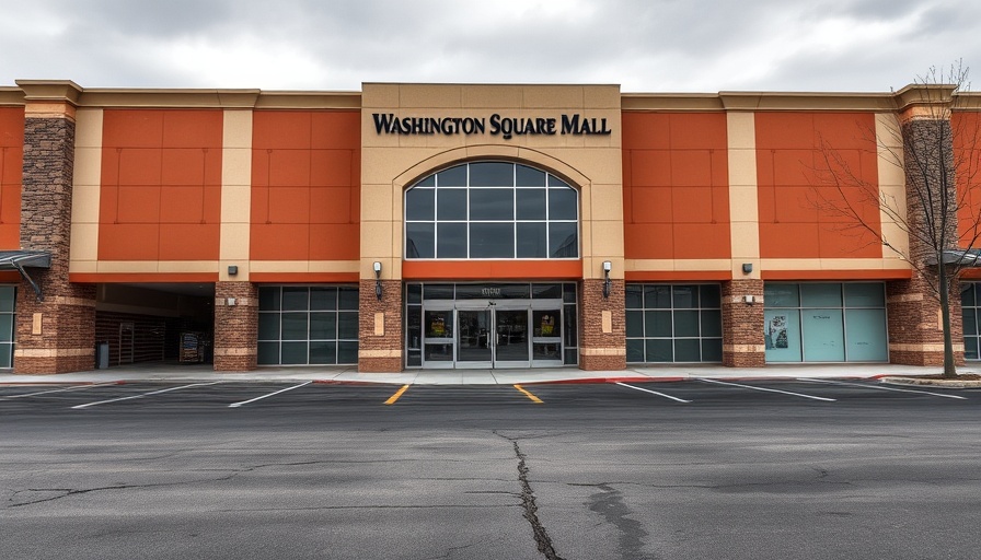 Washington Square Mall front view under a cloudy sky, needing revitalization.