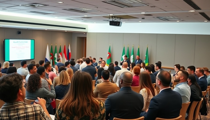 Diverse group discussing Algeria support for Indiana in a conference.