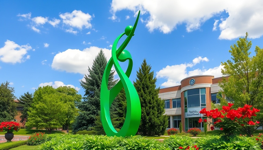 Ivy Tech campus sculpture amid trees and flowers in Indiana.