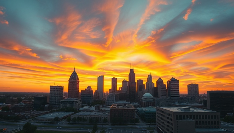 Indiana Statewide scenic view of Indianapolis skyline at sunset.