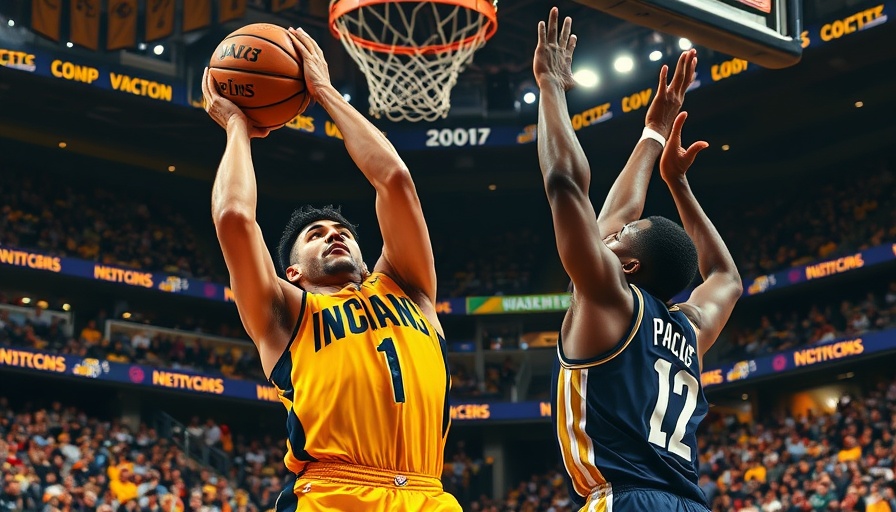 Indiana Pacers player taking a contested shot during a game.