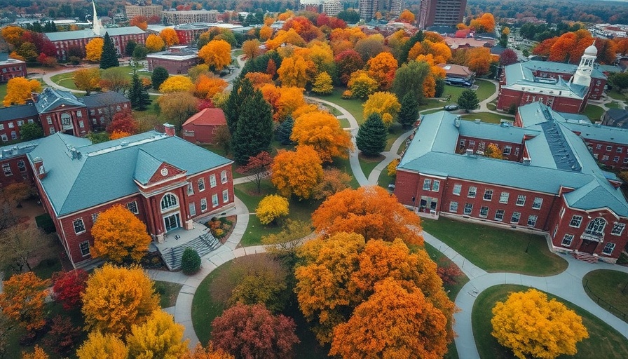 Aerial view of Valparaiso University's campus during autumn with colorful trees.