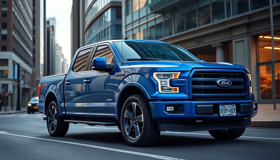 Sharp Ford F-150 Lightning design in city street, soft lighting.