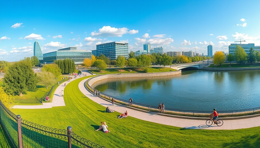 A scenic riverside park with people and modern buildings, reflecting the Wabash River Regional Development Authority cultural plan.
