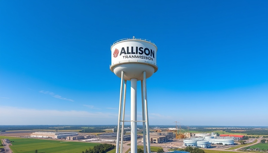 Allison Transmission water tower at industrial site under blue sky.
