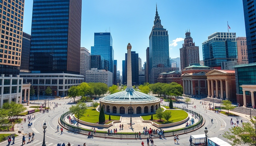 Monument Circle redevelopment with skyscrapers and green spaces.