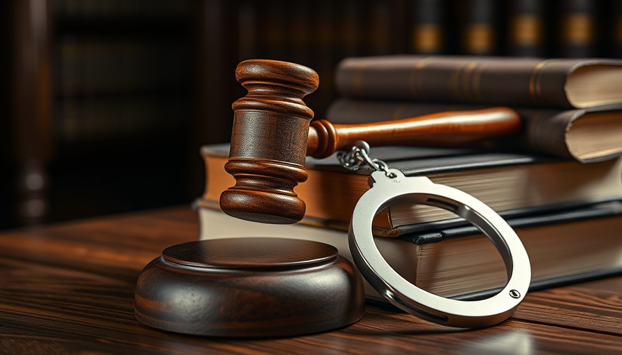 Gavel and handcuffs on legal books depict Greentown farm equipment salesman fraud arrest.