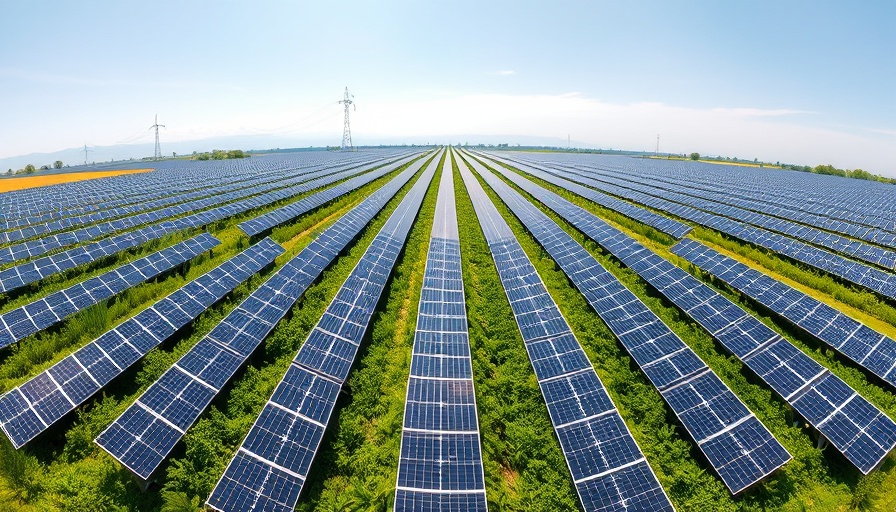 Tippecanoe County solar farm with rows of panels under blue sky.