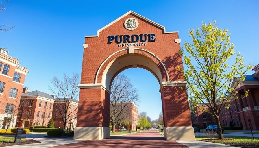 Iconic entrance of Purdue University campus showcasing brick buildings.