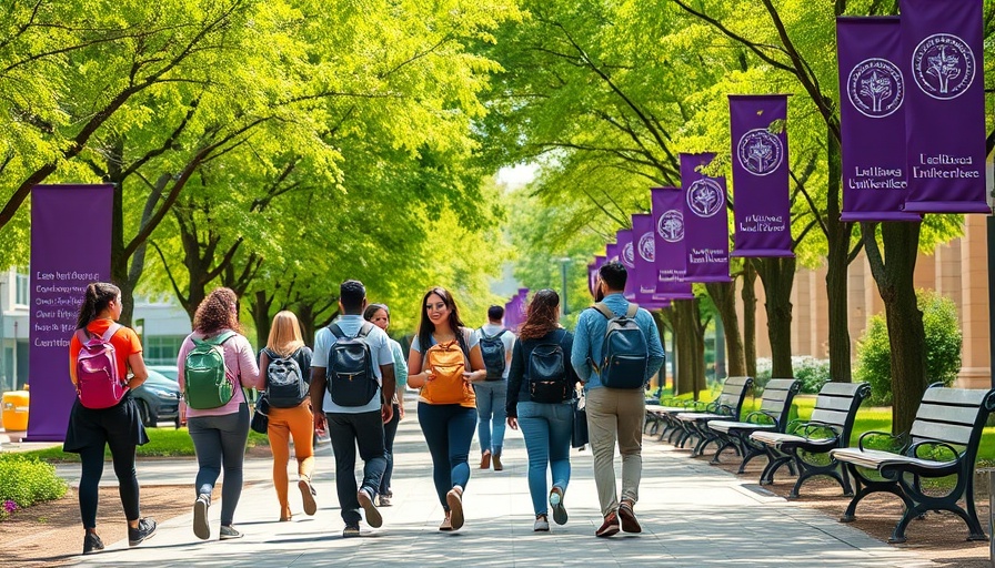 Students strolling on leafy University of Evansville campus walkway.