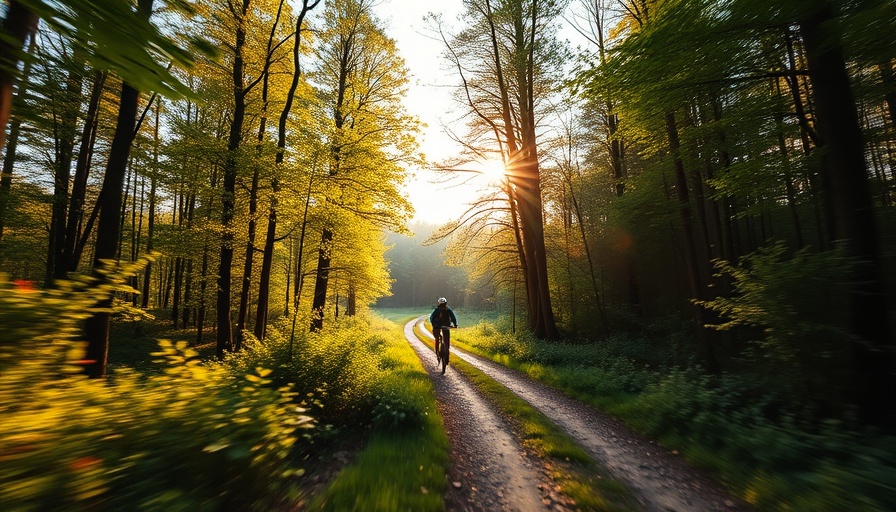 Cyclist on Monon South Trail surrounded by lush greenery.
