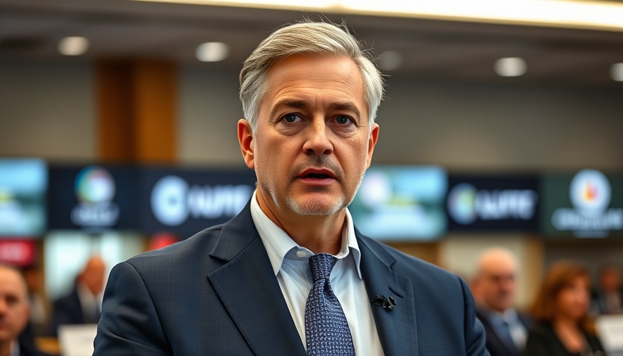 Middle-aged man speaking at conference, addressing trade deals.