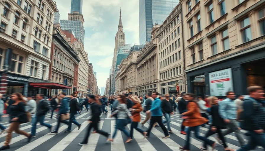 Dynamic urban crowd symbolizing the reducing global mental health burden.