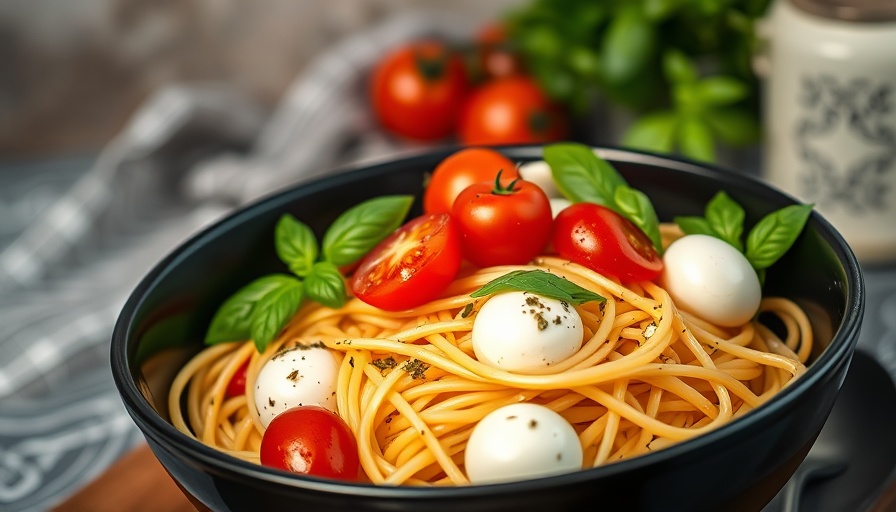 Vibrant Caprese pasta with tomatoes, mozzarella, and basil.