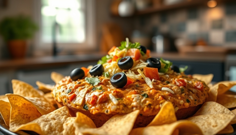 Colorful Mexican dip recipe with toppings and tortilla chips.