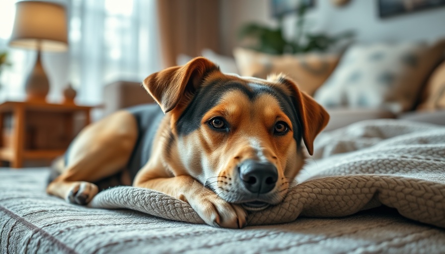 Calm dog on blanket for July 4 pet safety tips.