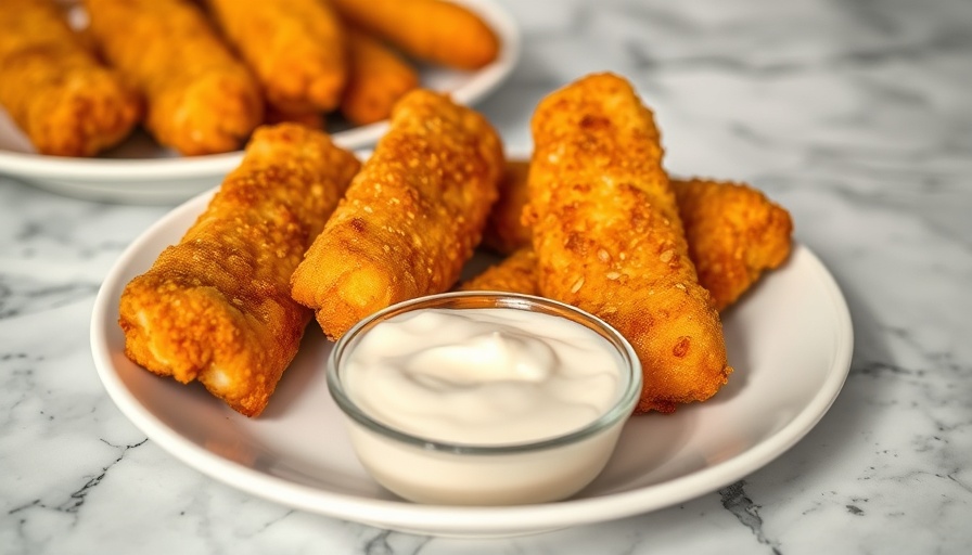 Crispy homemade fish fingers on plate with sauce.
