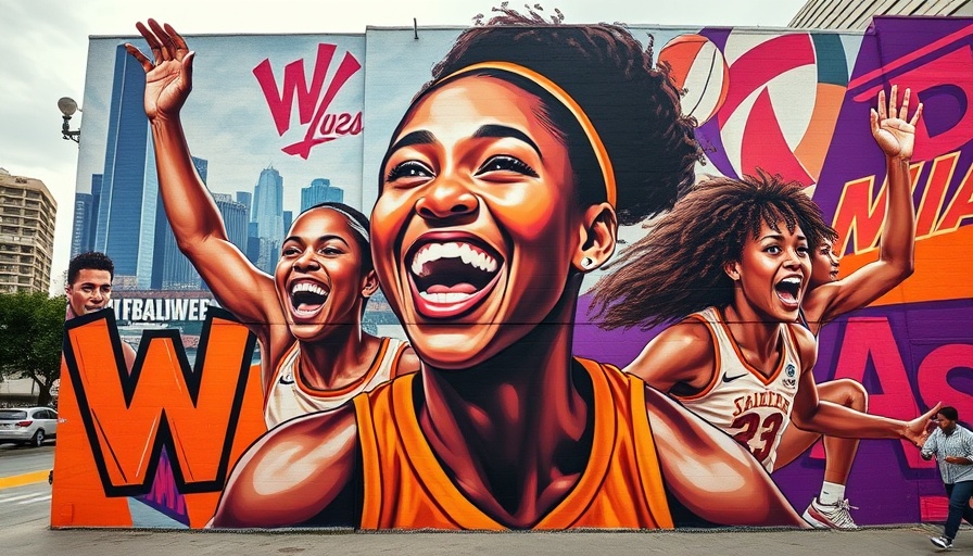 Colorful WNBA mural highlighting joyful expressions.