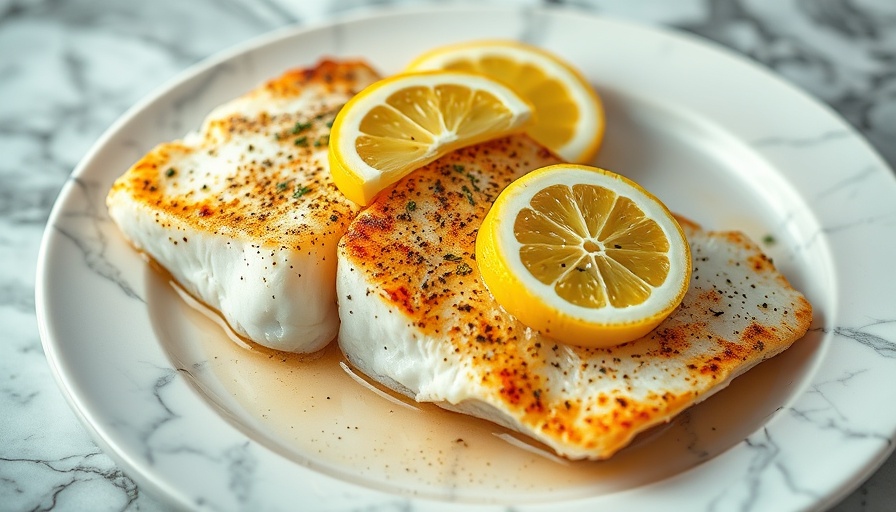 Broiled haddock recipe with lemon slices on a white plate.