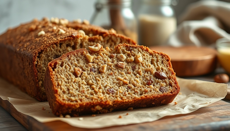 Paleo coconut flour banana bread with crumbly top and nuts.