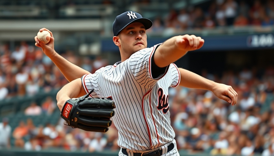Baseball pitcher in action during a dynamic throw.