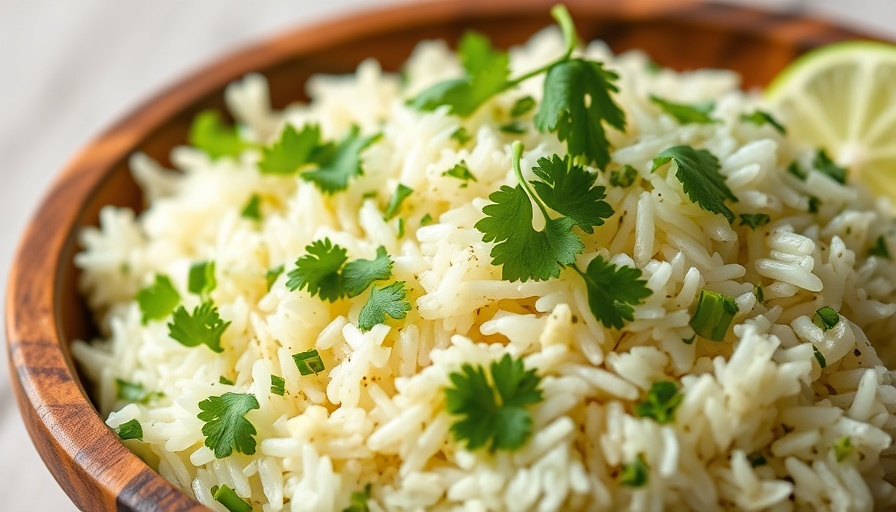 Fresh cilantro-lime rice in a wooden bowl with cilantro garnish.