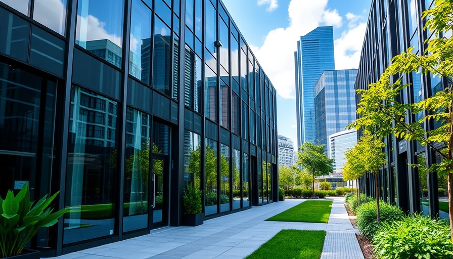 Modern data center building with urban backdrop reflecting zoning rules.