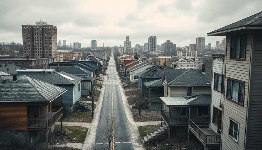 Urban depiction of DeKalb County housing instability with cloudy sky.