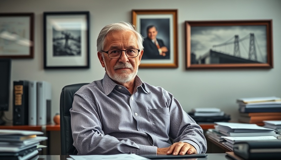 Confident elderly man posed behind desk in office setting.