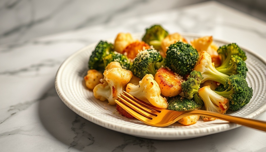 Roasted broccoli and cauliflower with cheese on white plate