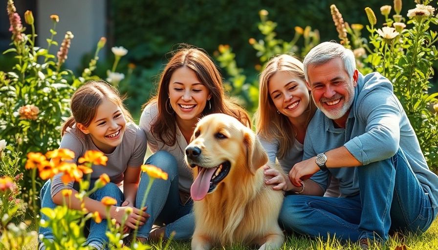 Family enjoying time with pet Golden Retriever in garden, Pets & Family Life.