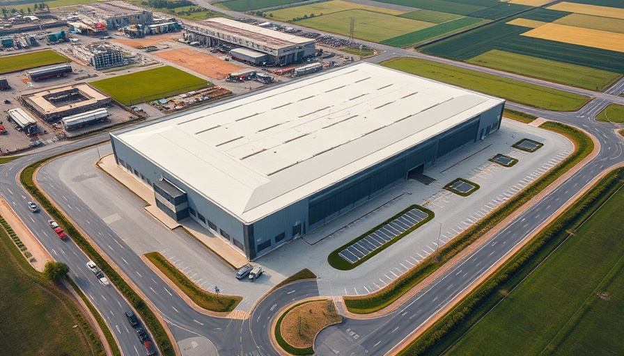Indiana Business News: Aerial view of modern warehouse and roundabout.
