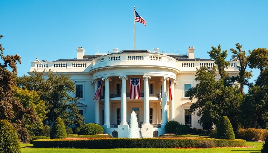 White House with patriotic decor, daylight view