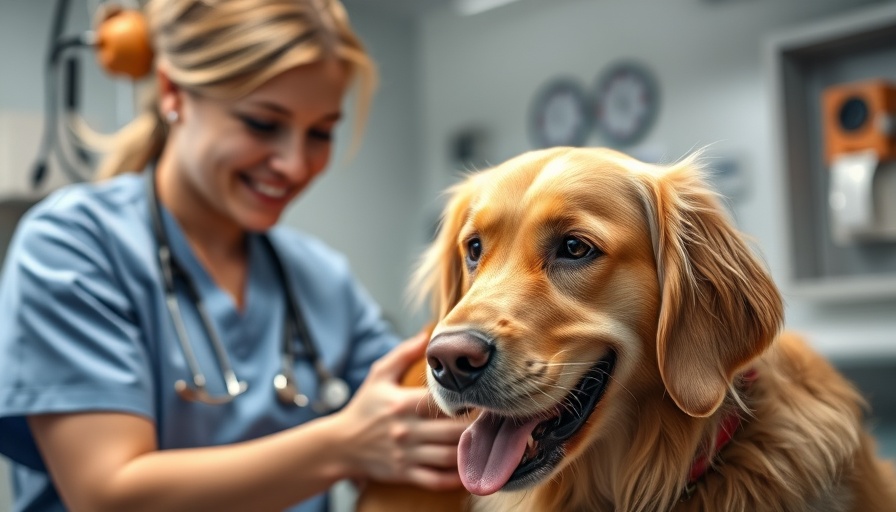 Veterinarian examines dog in clinic, hemangiosarcoma treatment for pets.