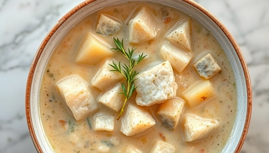 Top view of fish chowder with potatoes in a bowl.