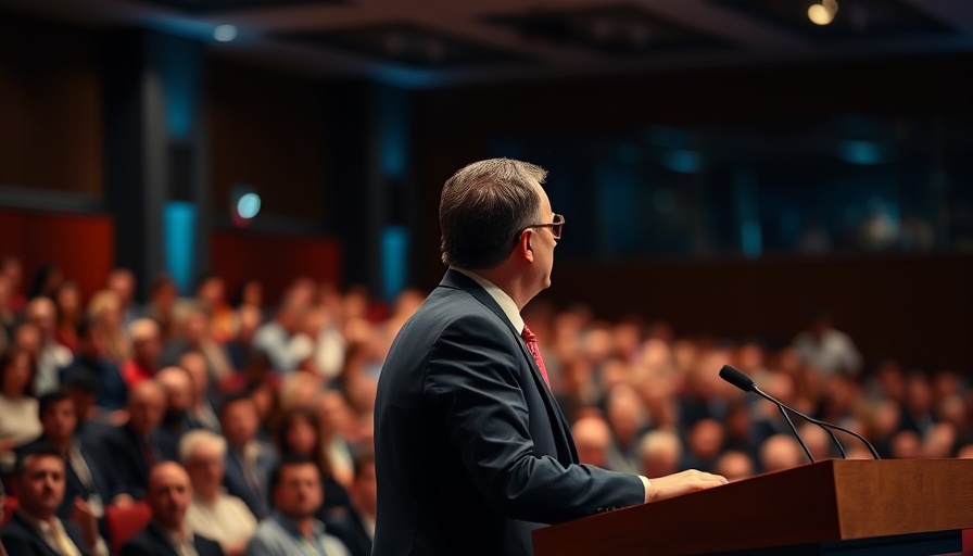 AI deepfake cybersecurity threats: speaker in suit at podium.