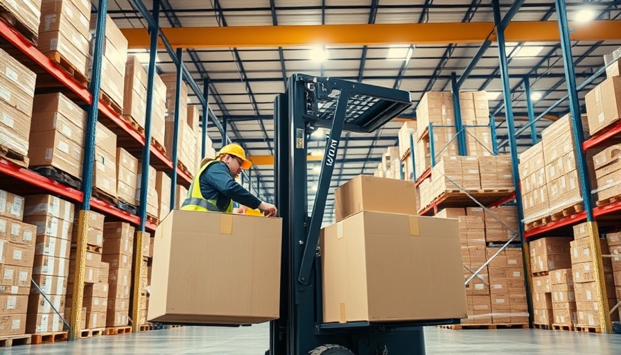 Forklift moving boxes in a busy warehouse, related to Direct flights from IND.