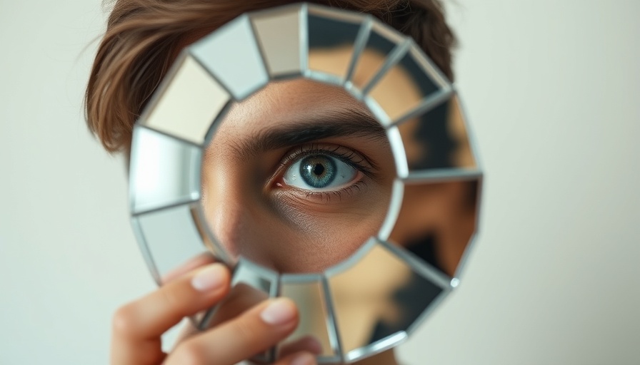 Fragmented reflection of person, eye in mirror, introspective theme.