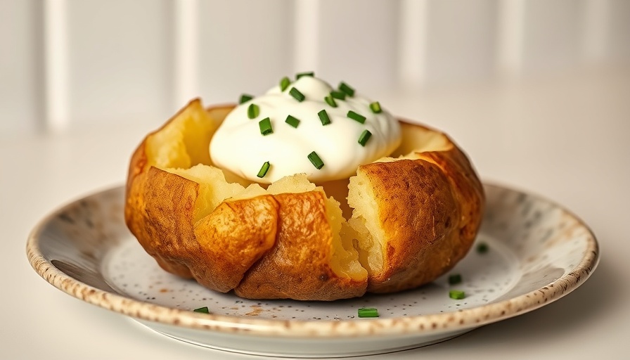 Baked potato with sour cream and chives on a plate. How to Bake a Potato in the Oven.
