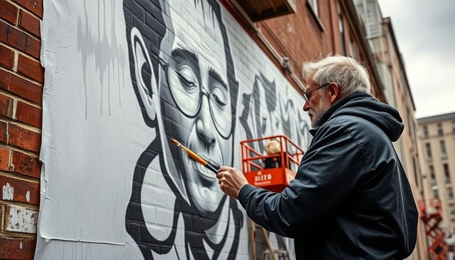 Artist creating Gary's musical history murals on a brick wall.