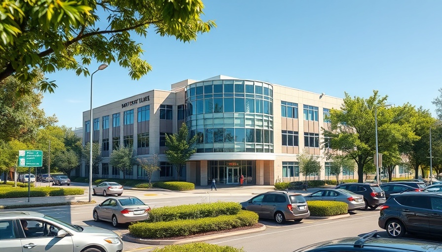 Modern healthcare building in Indiana with parking and greenery.