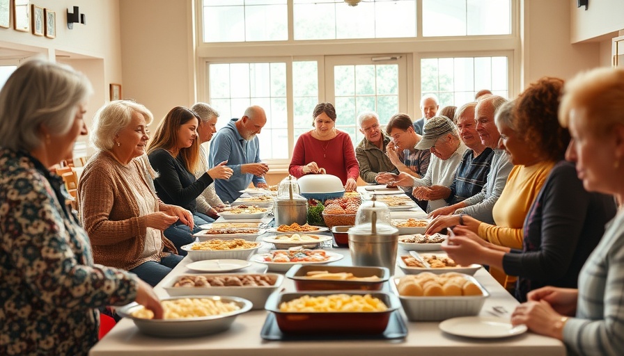 People enjoying a buffet table at a community event showcasing small town hospitality in Glenwood, Indiana.