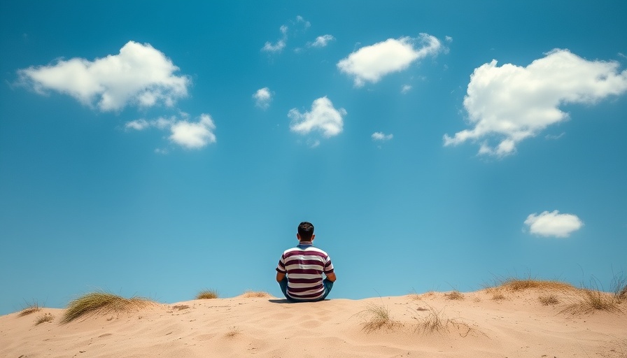 Individual sitting on sandy hill under blue sky, pondering.