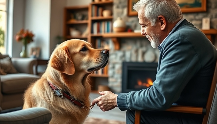 Golden retriever sniffing elderly man's hand in cozy living room.