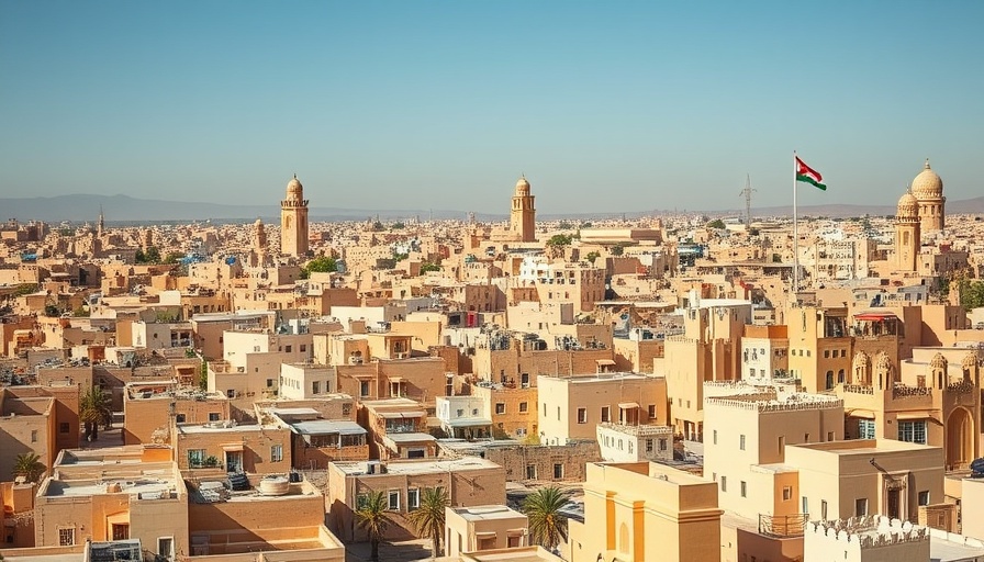 Middle Eastern cityscape with beige buildings and Jordanian flag, highlighting psychosis stigma in the Middle East.