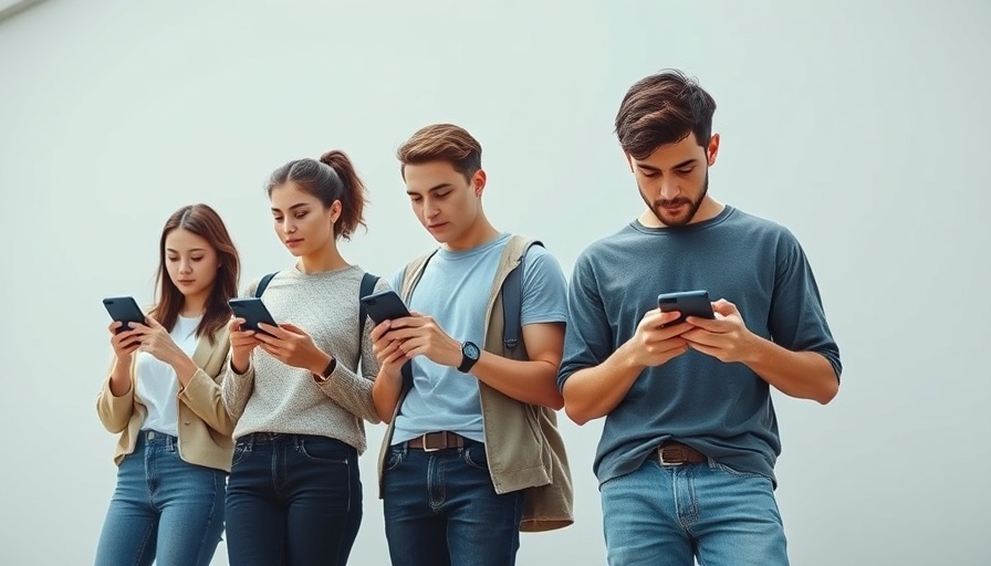 Group of young people using smartphones, illustrating the focus on digital connections for school mental health interventions.