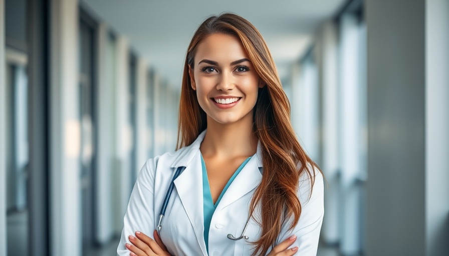 Professional woman in lab coat in modern corridor, Indiana Business News.